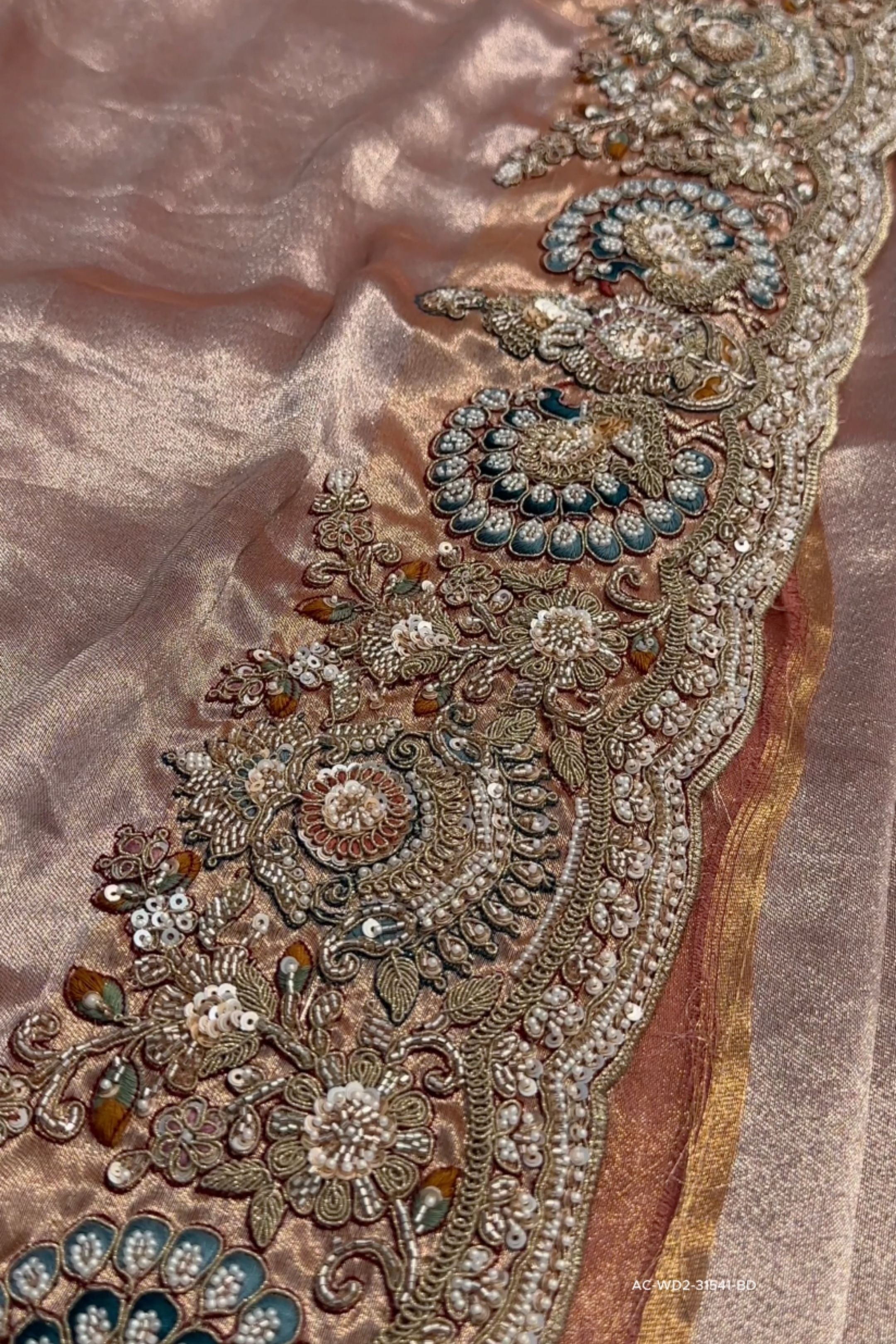 Beige Tissue Unstitched Saree Embellished With Sequins, Dori, Dabka & Cutdana Work